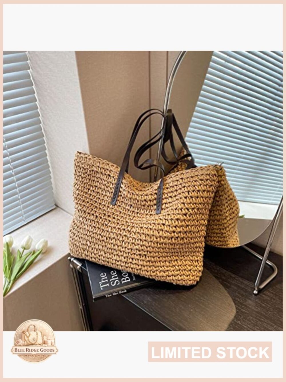 Large Straw Tote Bag Handwoven Summer Beach Shoulder Bag Zipper Closure Foldable - Picture 6 of 7